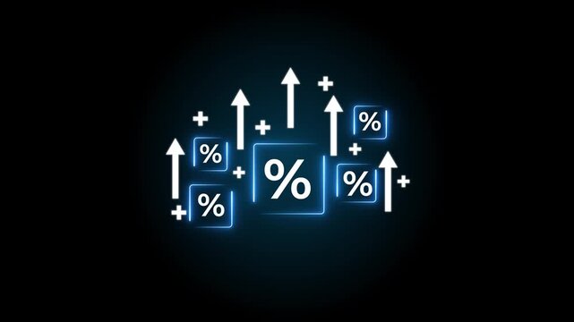 Glowing neon Interest rates and dividend yield concept, investors calculating profits and costs, stock market returns, long term investment strategies, retirement planning, and financial success.