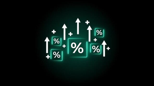 Glowing neon Interest rates and dividend yield concept, investors calculating profits and costs, stock market returns, long term investment strategies, retirement planning, and financial success.