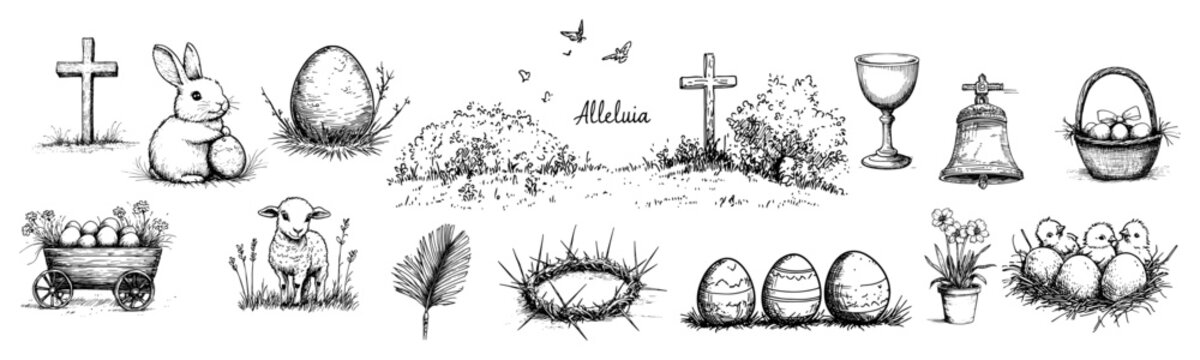 Easter holiday symbols and christian religious elements set in vintage engraving style