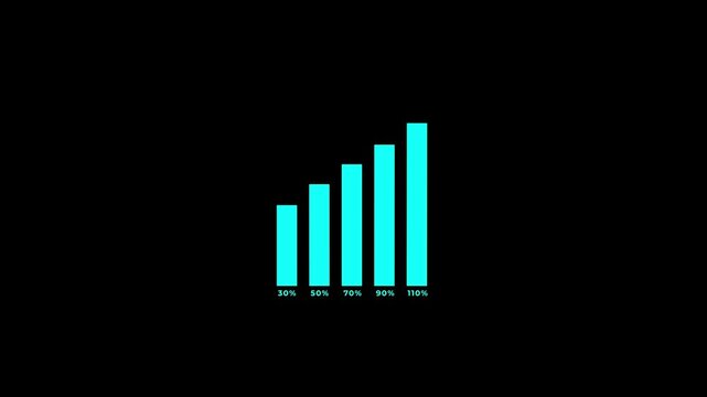 Animated business growth chart vertical video bar graph 14 to 52 percent increase motion graphics. Upward trend bar graph animation vertical video data visualization cyan blue gray dark background.