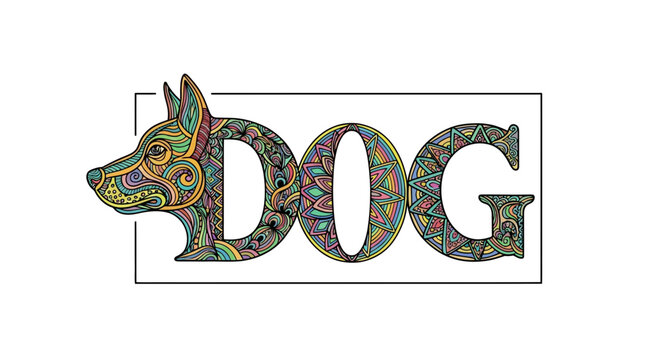 Artistic Dog Word Art with Intricate Mandala Patterns and Vibrant Colors