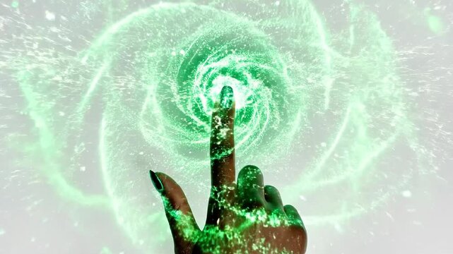 A hand with green-painted nails makes a peace sign against a swirling green light background
