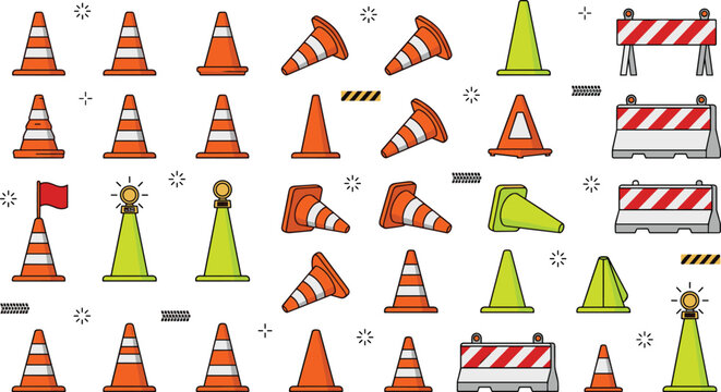 Traffic cone and road construction barrier vector icon set featuring orange safety cones warning lights red flag and striped street barricades isolated graphic elements.