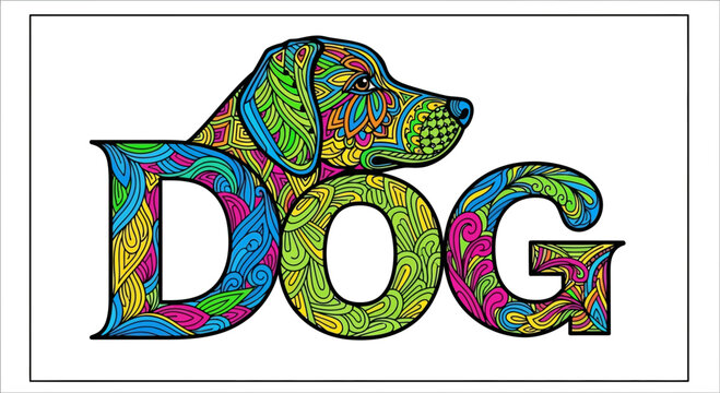 Colorful Dog Head Silhouette with "DOG" Text, Zentangle Art Style