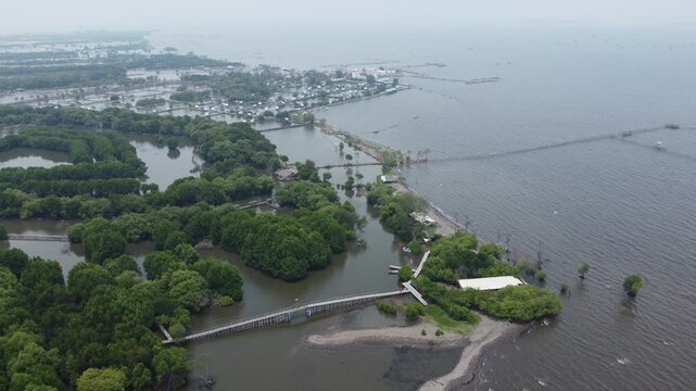 An aerial shot showing mangrove wetland and a modern urban cityscape with high-rise buildings and a highway. Great for projects on urbanization, real estate, Mangrove near city