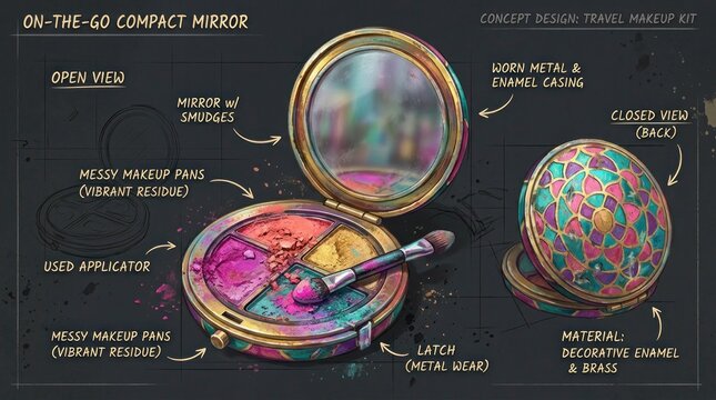 Elegant Compact Mirror with Makeup and Brush, Decorative Design.