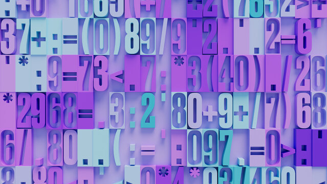 Colorful 3D Abstract Mathematical Pattern with Vibrant Numbers and Symbols in Purple, Pink, and Blue Tones, Ideal for Creative and Educational Digital Art Projects