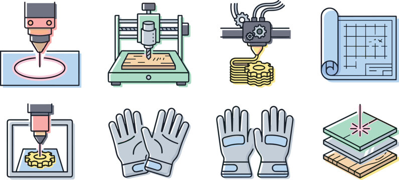 CNC router and laser cutting machine vector icon set featuring three dimensional printing nozzle technical blueprint drawing engraving head and protective safety gloves.
