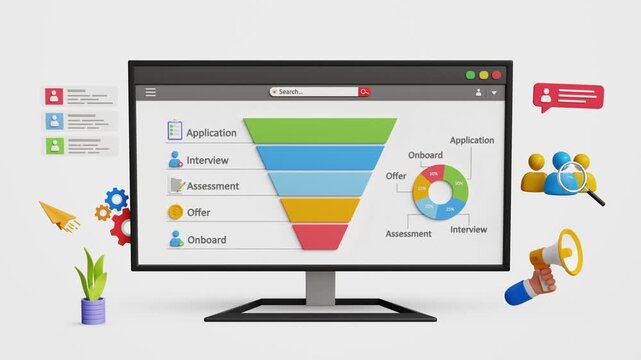 Recruitment Process, HR Management. Candidate Selection Process. Job Interview and Hiring Pipeline. Hiring Efficiency. HRM, Employment Headhunting Funnel on a Computer. 3D Video Animation