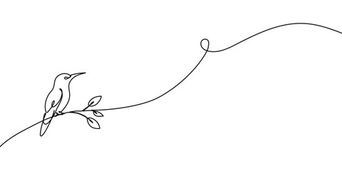 Obraz premium Continuous line drawing of hummingbird with hibiscus flower. Minimalist art featuring tropical bird in flight. Vector illustration with elegant outline design.
