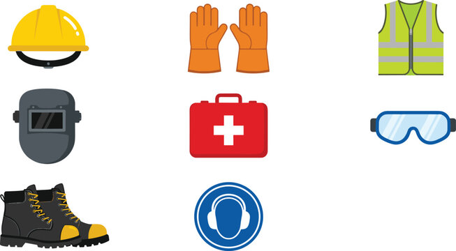Personal protective equipment vector icon set featuring hard hat safety vest welding mask gloves boots goggles first aid kit and earmuffs warning sign.