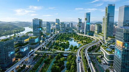 Obraz premium Modern Futuristic Cityscape with High-Rise Buildings, Green Parks, and Elevated Train Tracks, Urban Development and Technology Concept
