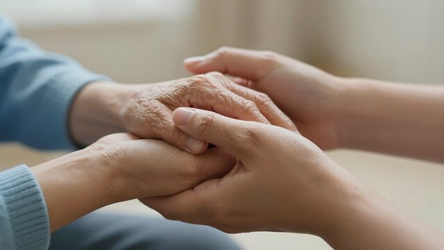 Close-up of a younger person gently holding the wrinkled, aged hands of an elderly individual. This image symbolizes comfort and support in palliative care settings.