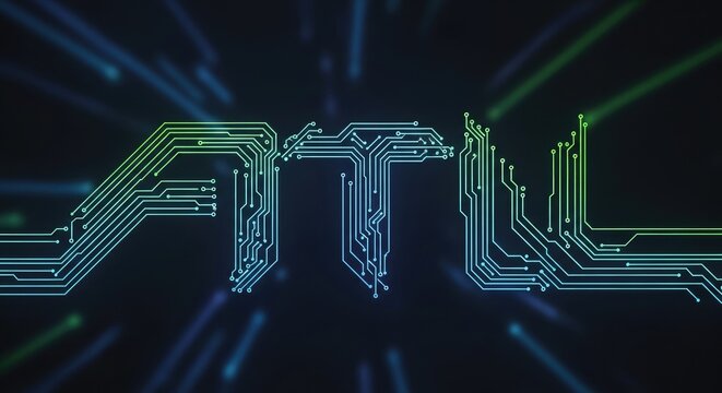 Futuristic green circuit board pattern forming "ATL" letters glowing on a dark blue background, representing technology and data connection.