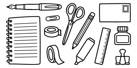Hand drawn school stationery icons vector set, black and white office supplies doodle collection, minimalist study and writing tools © Jemie