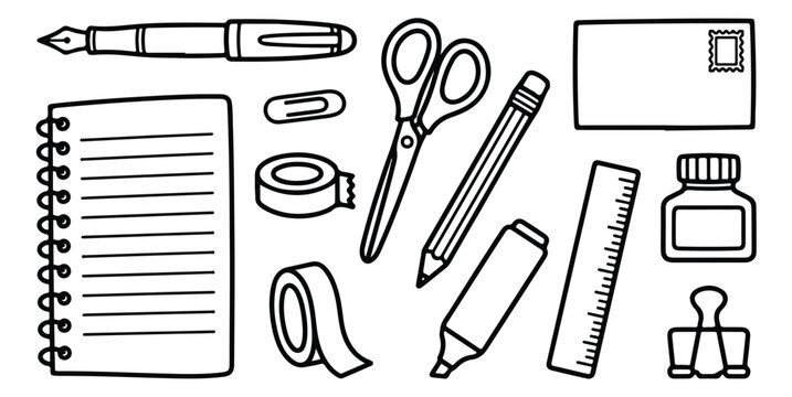 Hand drawn school stationery icons vector set, black and white office supplies doodle collection, minimalist study and writing tools
