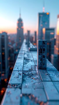 Cityscape view from rooftop ledge edge.