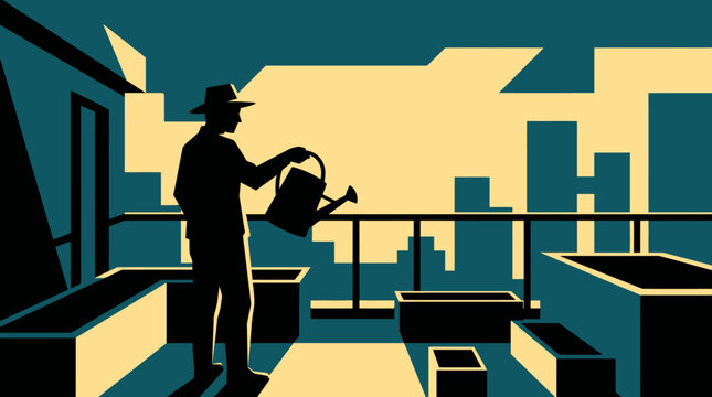 Silhouette of man watering plants in urban rooftop garden at sunset.