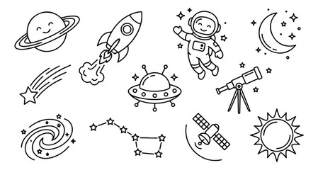 Outer space line icon set with cute astronaut and rocket ship, astronomical galaxy doodles for coloring book, celestial universe vector illustrations © Jemie