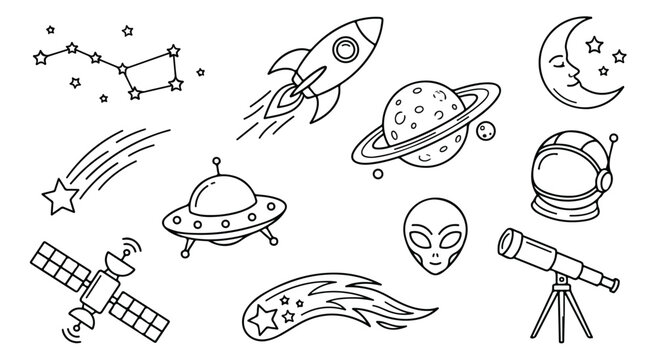 Hand drawn space icons set, black and white doodle galaxy vector elements, outer space rocket and planet illustrations for coloring and design