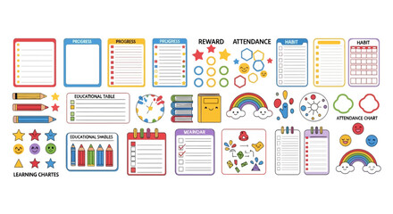 Fototapeta premium Kawaii habit tracker and classroom management charts for kids