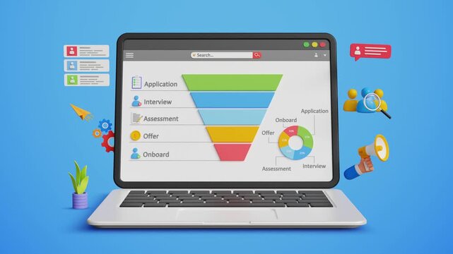Recruitment Pipeline Funnel, HRM, Candidate Selection Process. Digital Tools to Identify Career Opportunities and Manage Talent. Hiring and Recruitment Process on a Laptop. 3D Video Animation