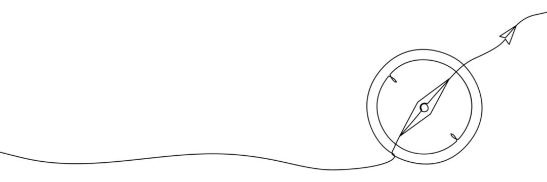 Single line compass drawing with minimalist outline design. Perfect adventure symbol for travel guides, journey maps, and navigation concepts with vintage doodle aesthetic.