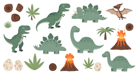 Friendly cartoon dinosaurs with volcanoes and tropical plants © rendi