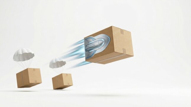 Fast delivery concept with cardboard boxes and rocket engine
