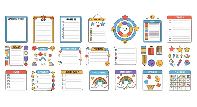 Colorful learning charts and progress trackers for kids