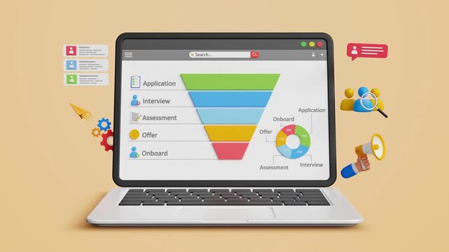 Digital Recruitment Process. Select Candidates using Talent Hunting Funnel Pipeline. Human Resource Technology, Online Hiring System. HR Management, HRM and Strategic Hiring Funnel on a Laptop. 3D