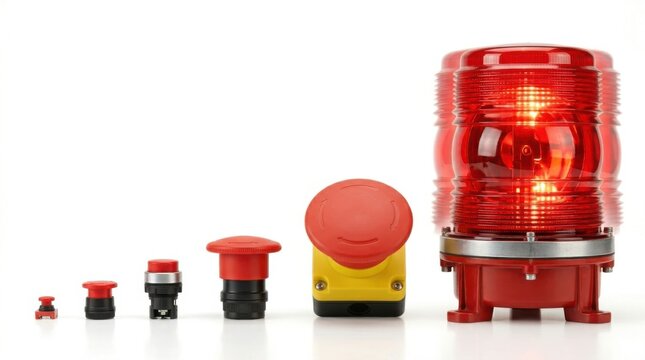 Industrial emergency stop buttons and a red warning beacon light