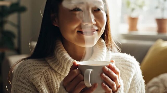 Young woman enjoys a hot cup of coffee in the morning