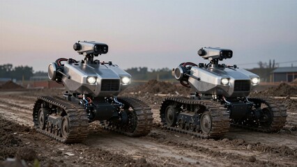 Fototapeta premium Two silver autonomous tracked robots move across muddy terrain with headlights on, simulating military field operations and advanced defense technology testing.