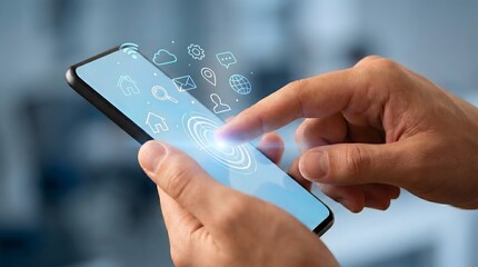 Obraz premium Person's finger touching smartphone screen with glowing app icons and concentric circles effect