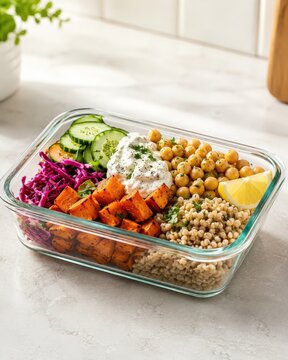 Repas sain pr&eacute;par&eacute; dans une bo&icirc;te en verre