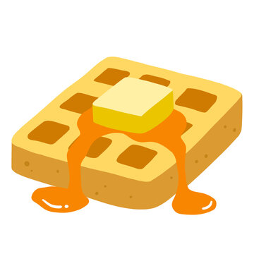 Cute hand drawn breakfast food waffle with butter cube and melting maple syrup illustration clip art for menu, cafe, sticker, design