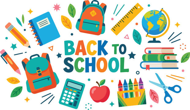 Back to school banner with colorful stationery and backpacks
