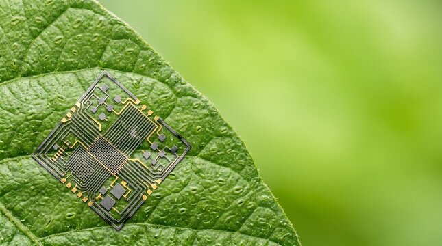 Creative Microchip on leaf, green technology, electronic component, sustainable innovation 2k