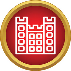 Naklejka premium White outline castle building icon within a red and gold bordered circle