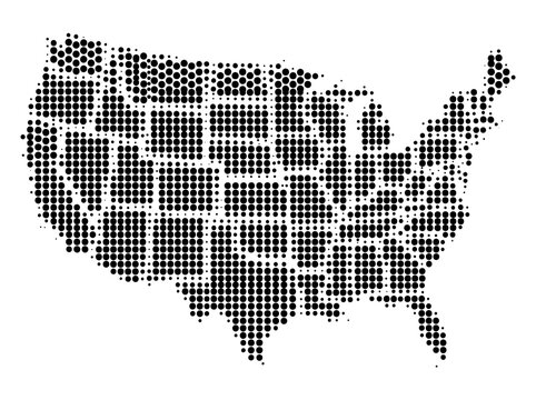 Halftone Dotted United States Map With Black Dot Pattern Isolated on White Background