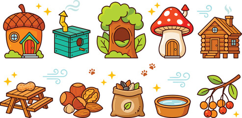 Cute cartoon forest animal homes and backyard feeder vector icon set featuring acorn house mushroom cottage log cabin nuts seeds berries isolated elements. © MdMahfizur