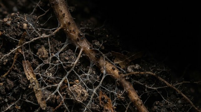 Creative Dark, moody roots, twisted branches, soil, and organic matter, eerie natural scenery 2k