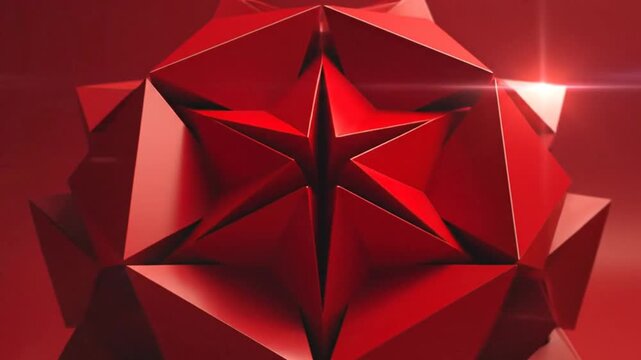 A complex red geometric shape with sharp triangular facets isolated