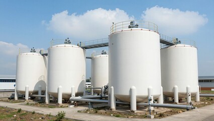 Obraz premium Large white storage tanks with connecting pipes in an industrial facility, showcasing modern energy infrastructure against a clear blue sky.