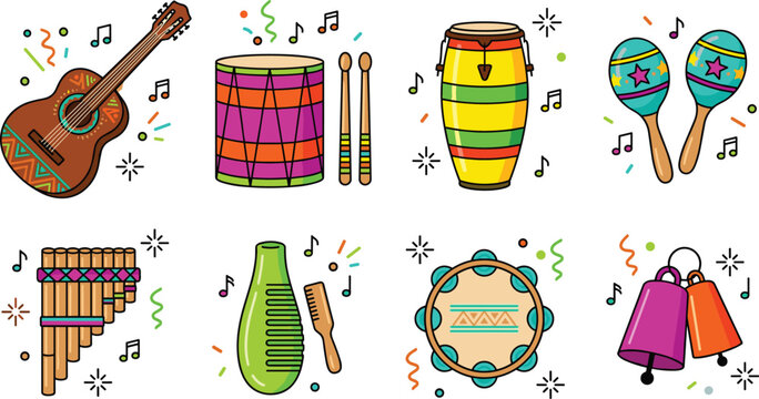 Traditional Latin American musical instruments vector icon set featuring acoustic guitar fiesta drums conga maracas pan flute guiro tambourine and festive cowbells.