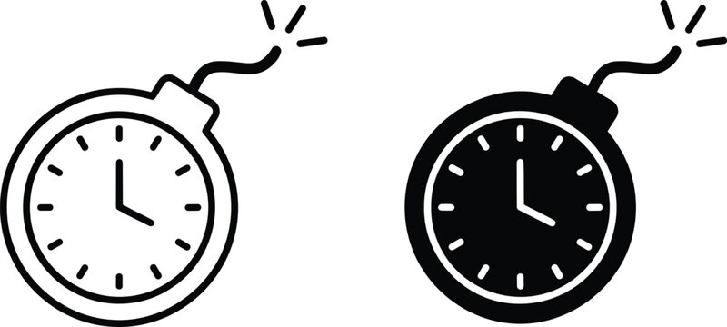 Urgent deadline time bomb clock vector illustration with fuse sparks symbolizing danger, countdown, and critical timing