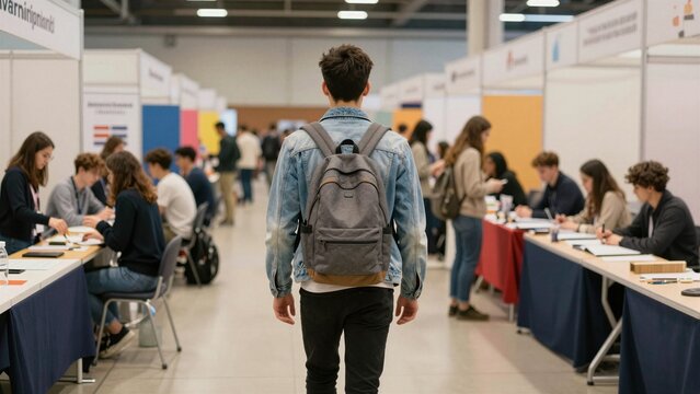A student with a backpack walks down the aisle of a busy career fair, surrounded by recruiters and potential employers at their respective booths.