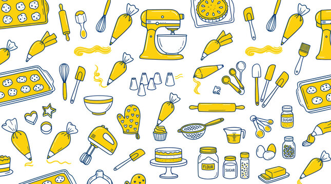 Baking Pattern: Kitchen Utensils, Ingredients & Tools - Yellow & White Doodle