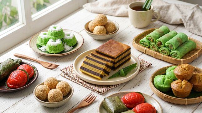 An appealing high-angle view of traditional Indonesian jajan pasar snacks featuring sliced lapis legit cake, dadar gulung, putu ayu, and onde-onde arranged on plates over a white wooden table.